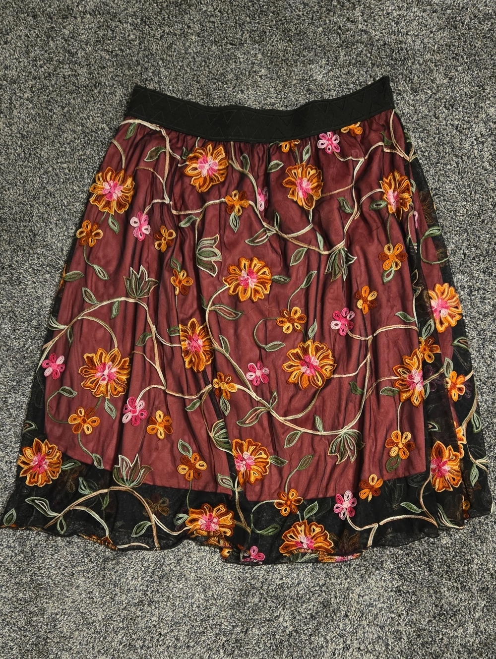 LuLaRoe Burgundy A-Line Skirt with Pink & Orange Floral Embroidery XL